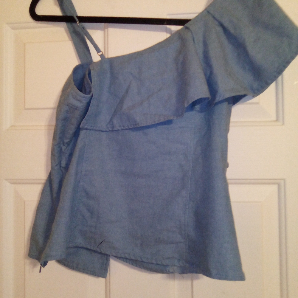 Lulumari Ruffle One Shoulder Blue Top Chambray Asymmetrical Button Corset Blouse - Picture 6 of 7